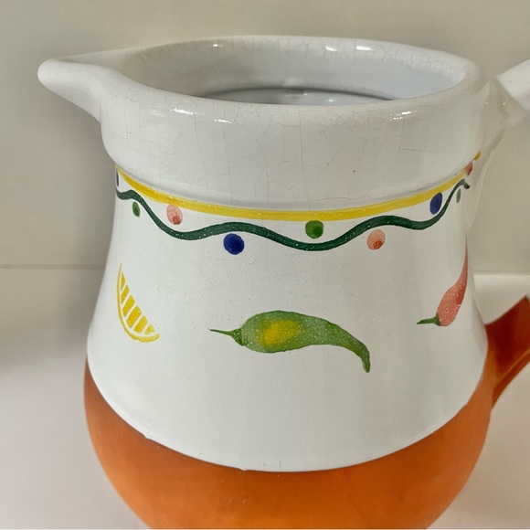 Terra Cotta & Glazed Ceramic Pitcher Vegetable Motif 7.5” Tall Mexican Style - Picture 4 of 7